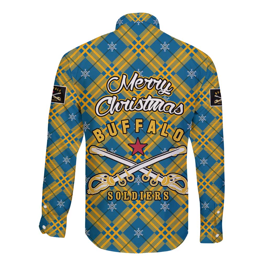 Buffalo Soldiers Christmas Long Sleeve Button Shirt with Blue Yellow Plaid Parade Illustration Design - Wonder Print Shop