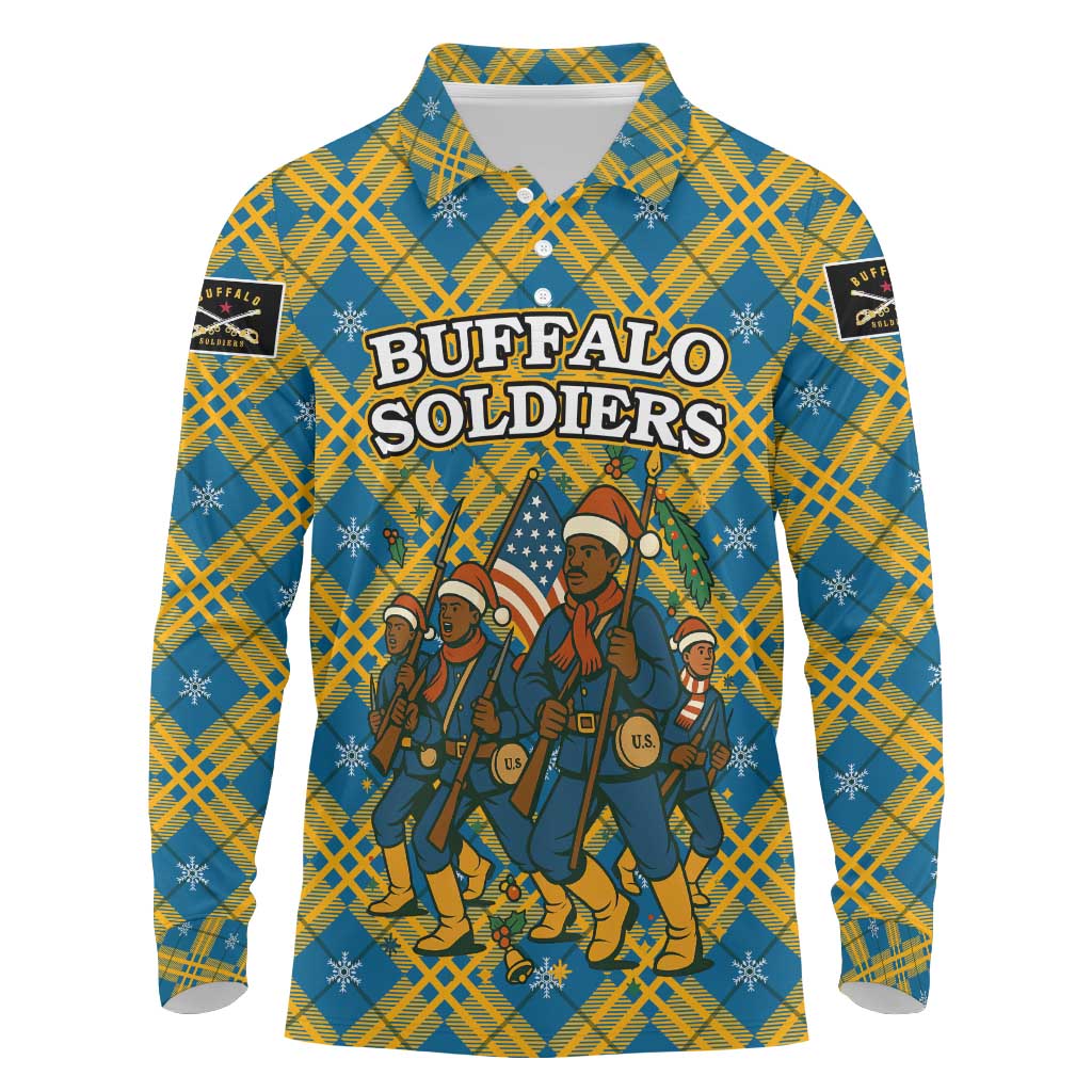Buffalo Soldiers Christmas Long Sleeve Polo Shirt with Blue Yellow Plaid Parade Illustration Design - Wonder Print Shop