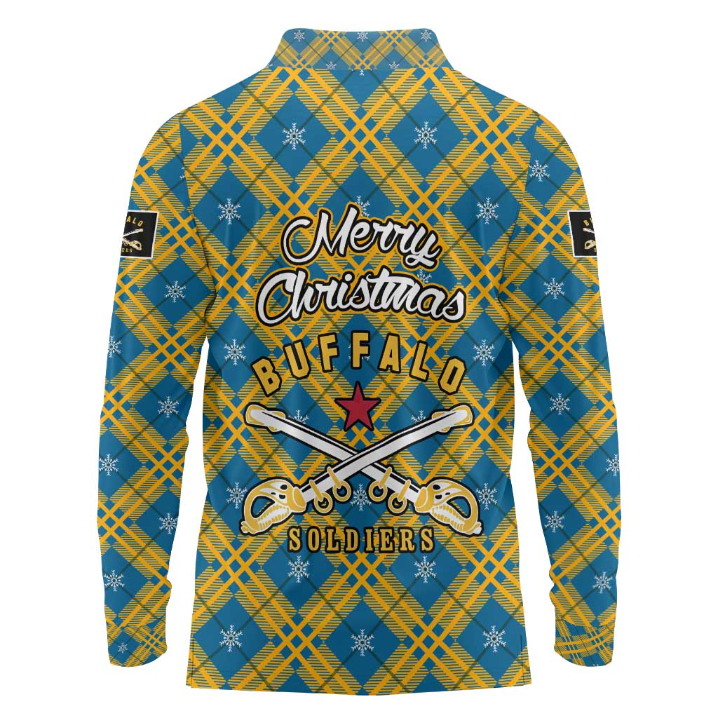 Buffalo Soldiers Christmas Long Sleeve Polo Shirt with Blue Yellow Plaid Parade Illustration Design - Wonder Print Shop