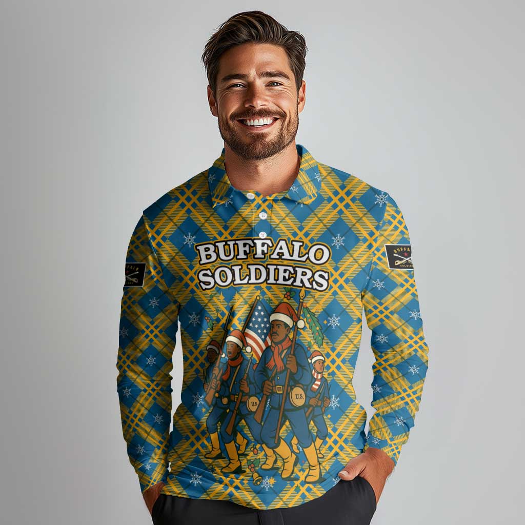 Buffalo Soldiers Christmas Long Sleeve Polo Shirt with Blue Yellow Plaid Parade Illustration Design - Wonder Print Shop