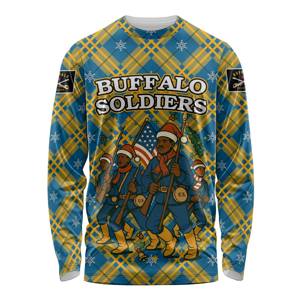 Buffalo Soldiers Christmas Long Sleeve Shirt with Blue Yellow Plaid Parade Illustration Design - Wonder Print Shop
