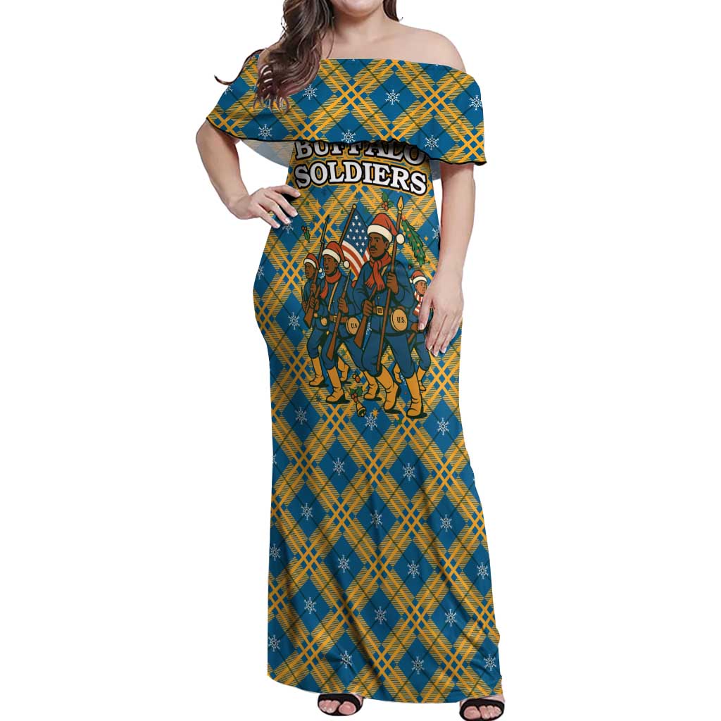 Buffalo Soldiers Christmas Off Shoulder Maxi Dress with Blue Yellow Plaid Parade Illustration Design - Wonder Print Shop