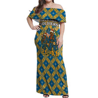 Buffalo Soldiers Christmas Off Shoulder Maxi Dress with Blue Yellow Plaid Parade Illustration Design - Wonder Print Shop