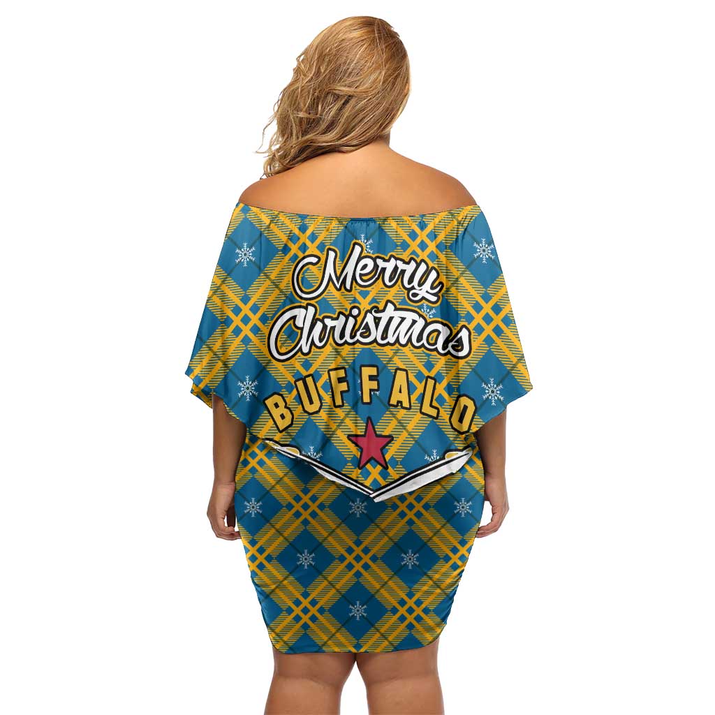 Buffalo Soldiers Christmas Off Shoulder Short Dress with Blue Yellow Plaid Parade Illustration Design - Wonder Print Shop