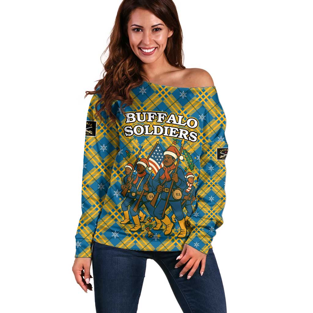 Buffalo Soldiers Christmas Off Shoulder Sweater with Blue Yellow Plaid Parade Illustration Design - Wonder Print Shop