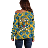 Buffalo Soldiers Christmas Off Shoulder Sweater with Blue Yellow Plaid Parade Illustration Design - Wonder Print Shop