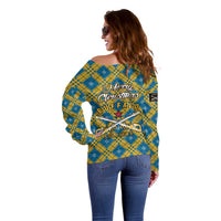 Buffalo Soldiers Christmas Off Shoulder Sweater with Blue Yellow Plaid Parade Illustration Design - Wonder Print Shop