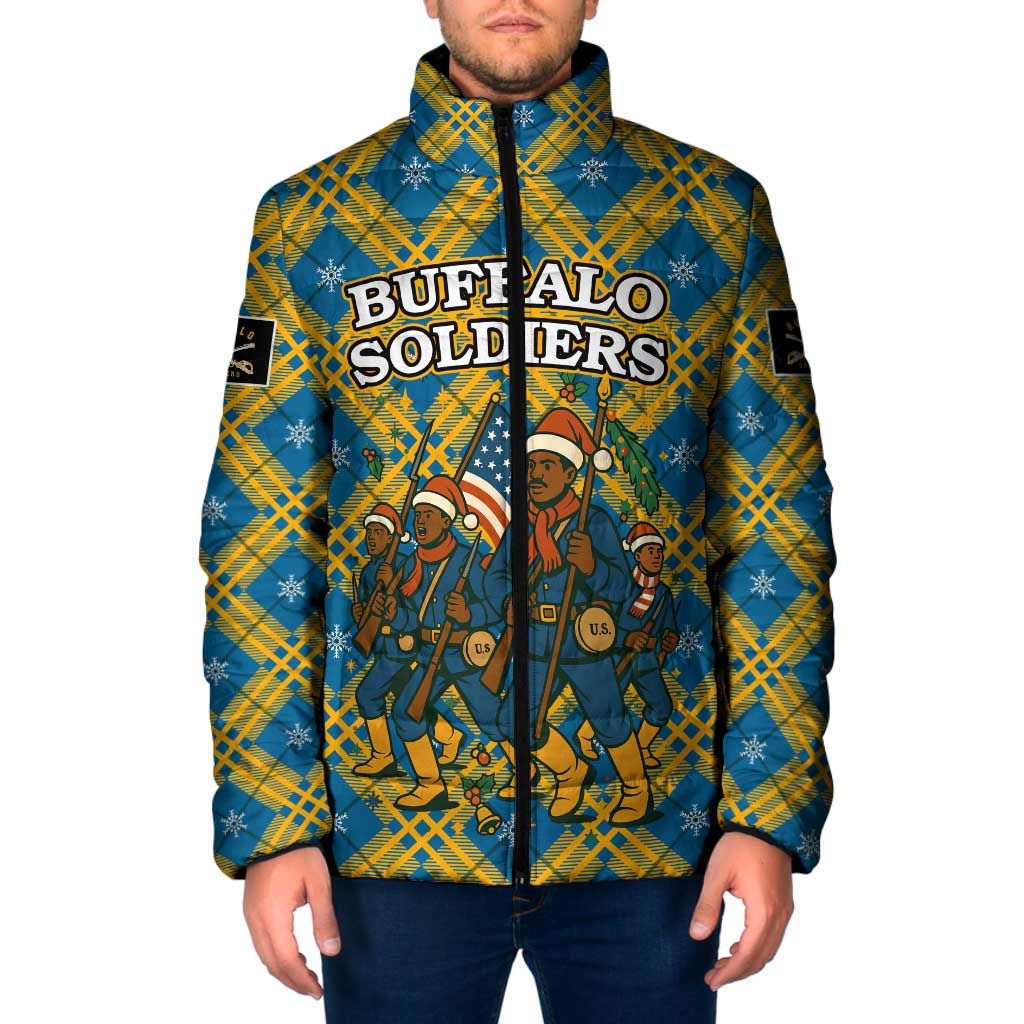Buffalo Soldiers Christmas Padded Jacket with Blue Yellow Plaid Parade Illustration Design - Wonder Print Shop