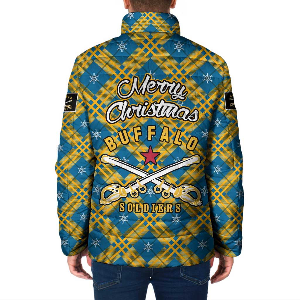 Buffalo Soldiers Christmas Padded Jacket with Blue Yellow Plaid Parade Illustration Design - Wonder Print Shop