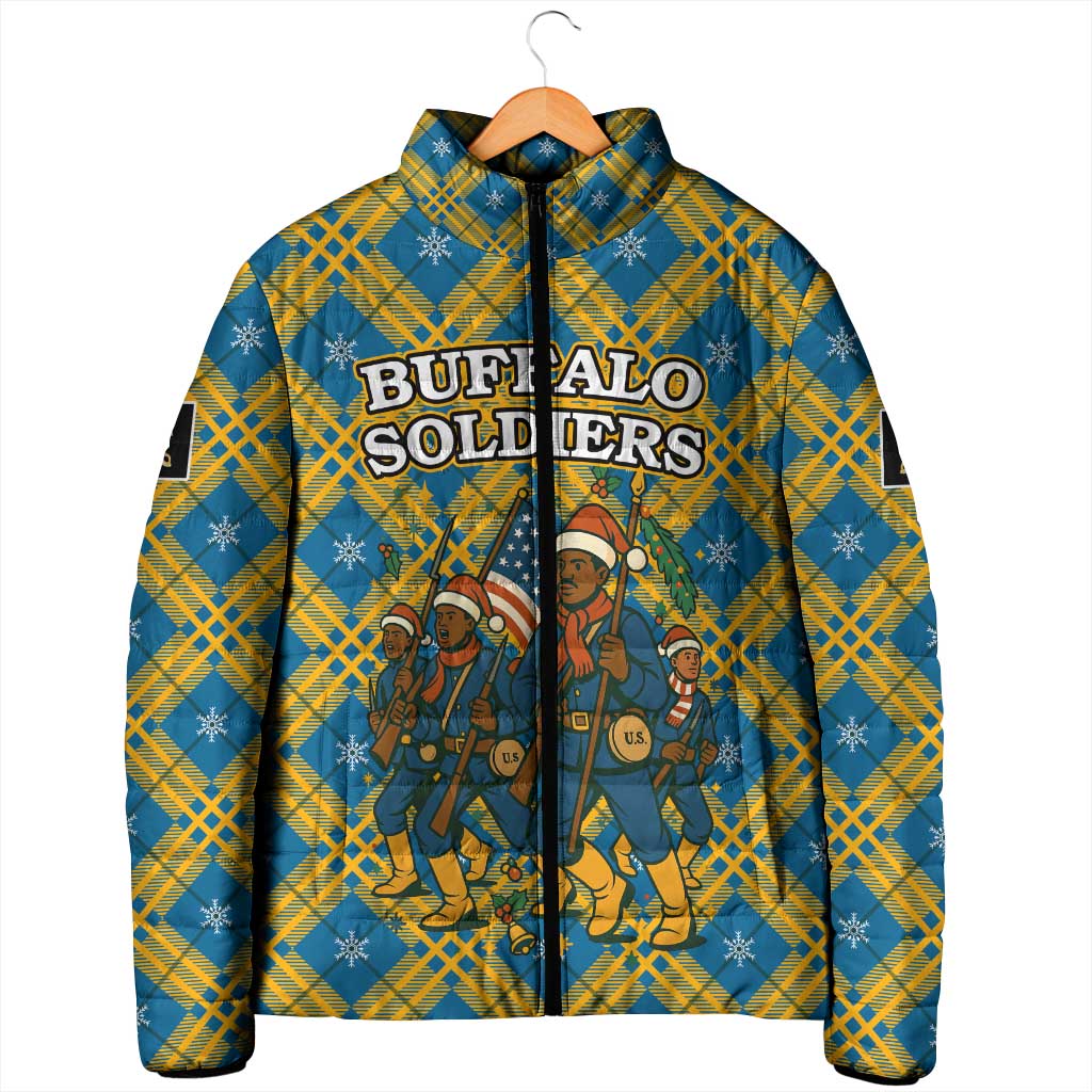 Buffalo Soldiers Christmas Padded Jacket with Blue Yellow Plaid Parade Illustration Design - Wonder Print Shop