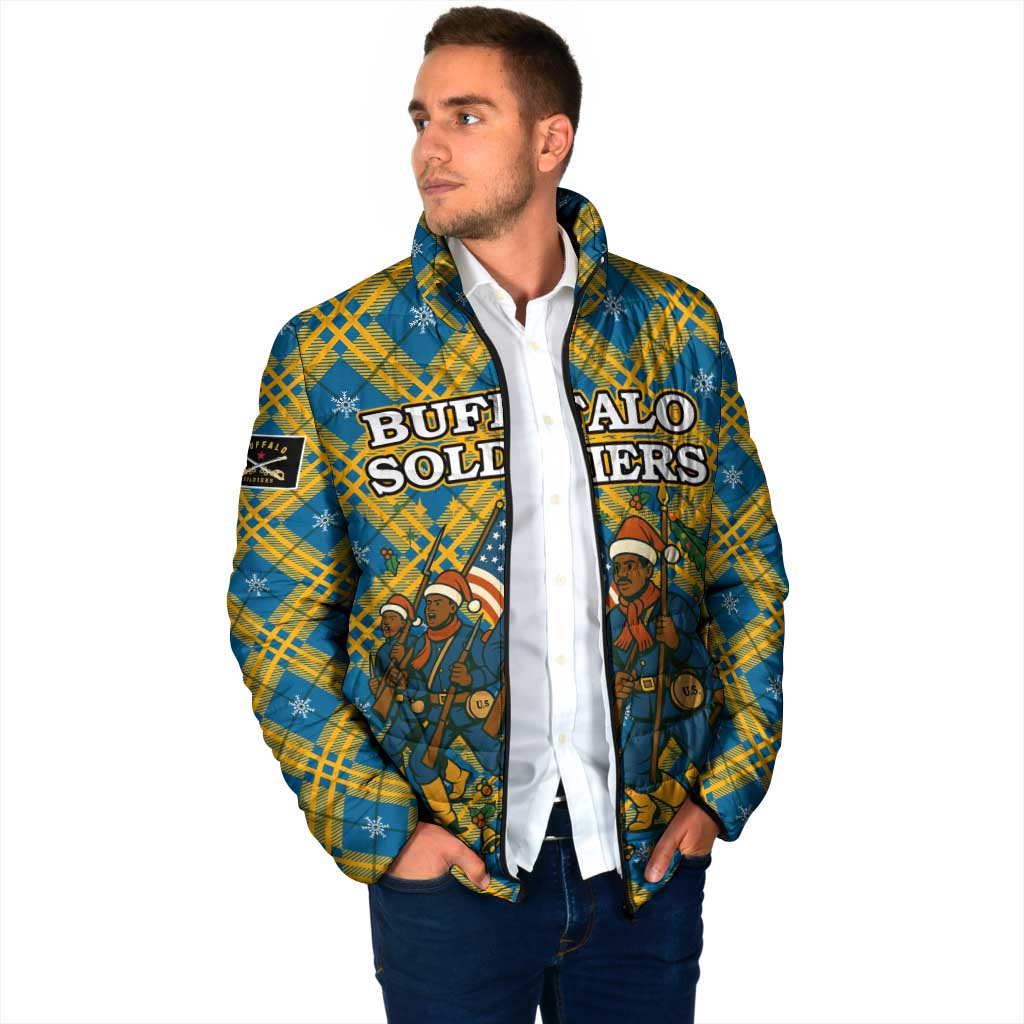 Buffalo Soldiers Christmas Padded Jacket with Blue Yellow Plaid Parade Illustration Design - Wonder Print Shop