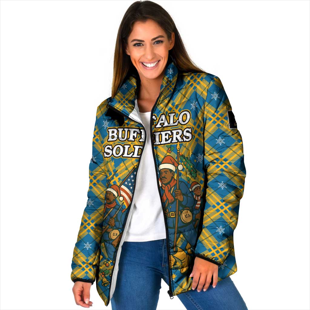 Buffalo Soldiers Christmas Padded Jacket with Blue Yellow Plaid Parade Illustration Design - Wonder Print Shop