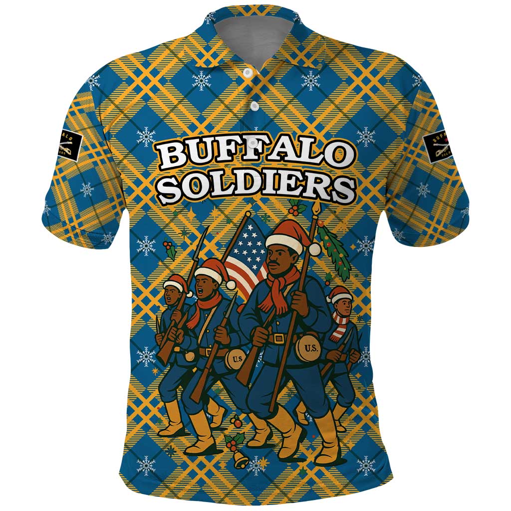 Buffalo Soldiers Christmas Polo Shirt with Blue Yellow Plaid Parade Illustration Design - Wonder Print Shop