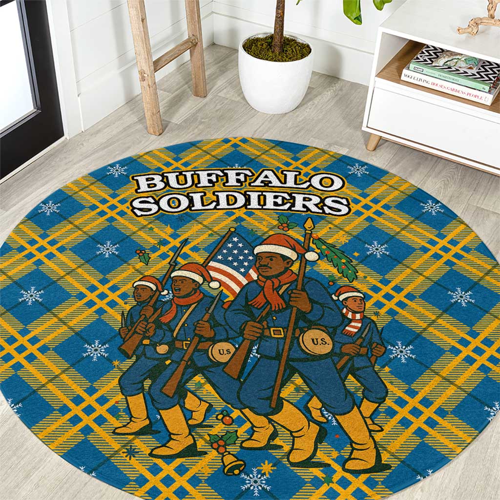 Buffalo Soldiers Christmas Round Carpet with Blue Yellow Plaid Parade Illustration Design - Wonder Print Shop