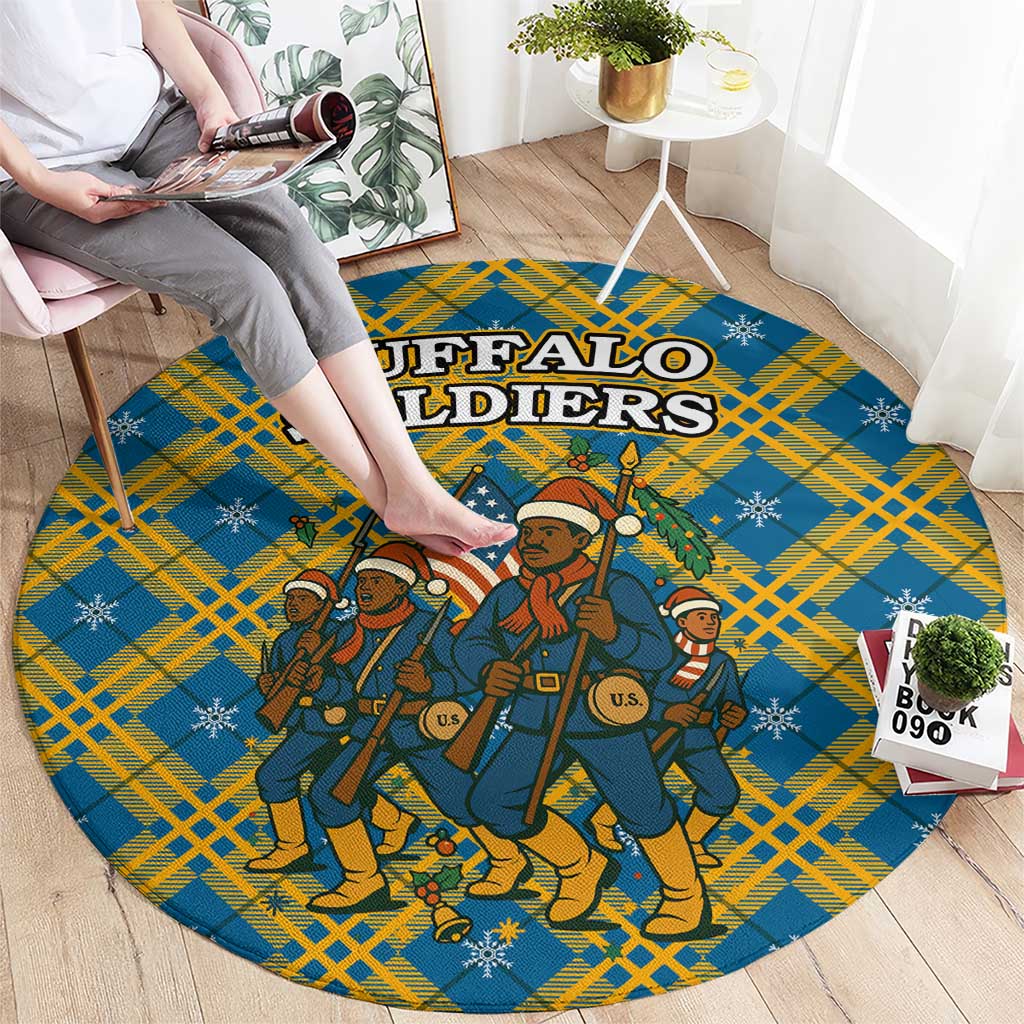 Buffalo Soldiers Christmas Round Carpet with Blue Yellow Plaid Parade Illustration Design - Wonder Print Shop