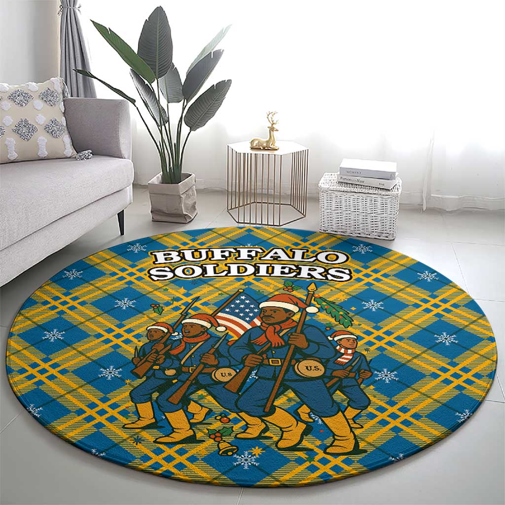Buffalo Soldiers Christmas Round Carpet with Blue Yellow Plaid Parade Illustration Design - Wonder Print Shop