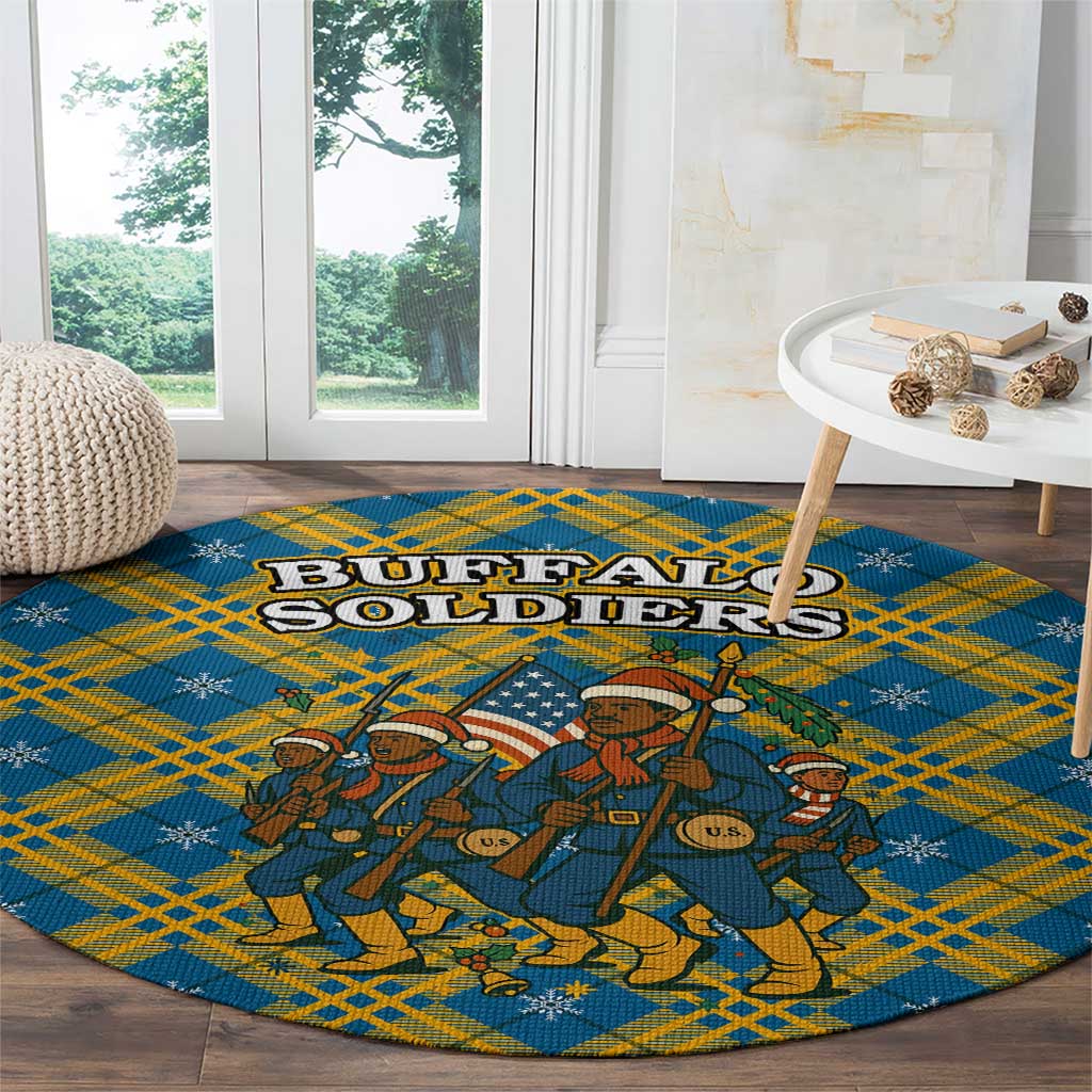 Buffalo Soldiers Christmas Round Carpet with Blue Yellow Plaid Parade Illustration Design - Wonder Print Shop