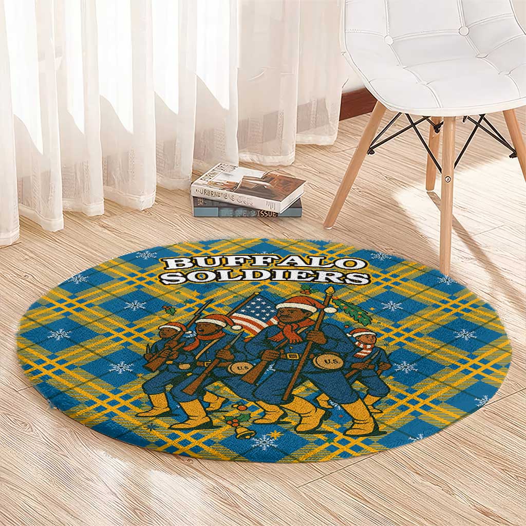 Buffalo Soldiers Christmas Round Carpet with Blue Yellow Plaid Parade Illustration Design - Wonder Print Shop