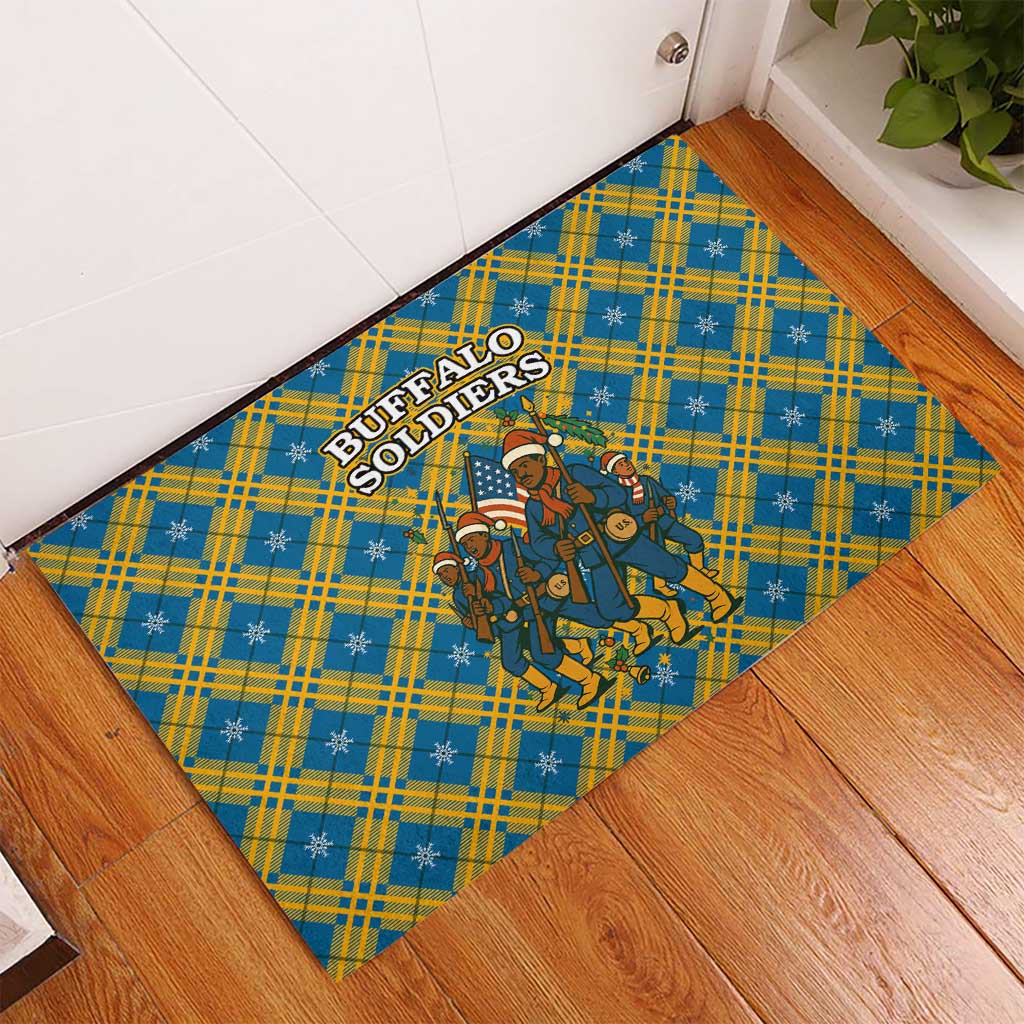 Buffalo Soldiers Christmas Rubber Doormat with Blue Yellow Plaid Parade Illustration Design - Wonder Print Shop