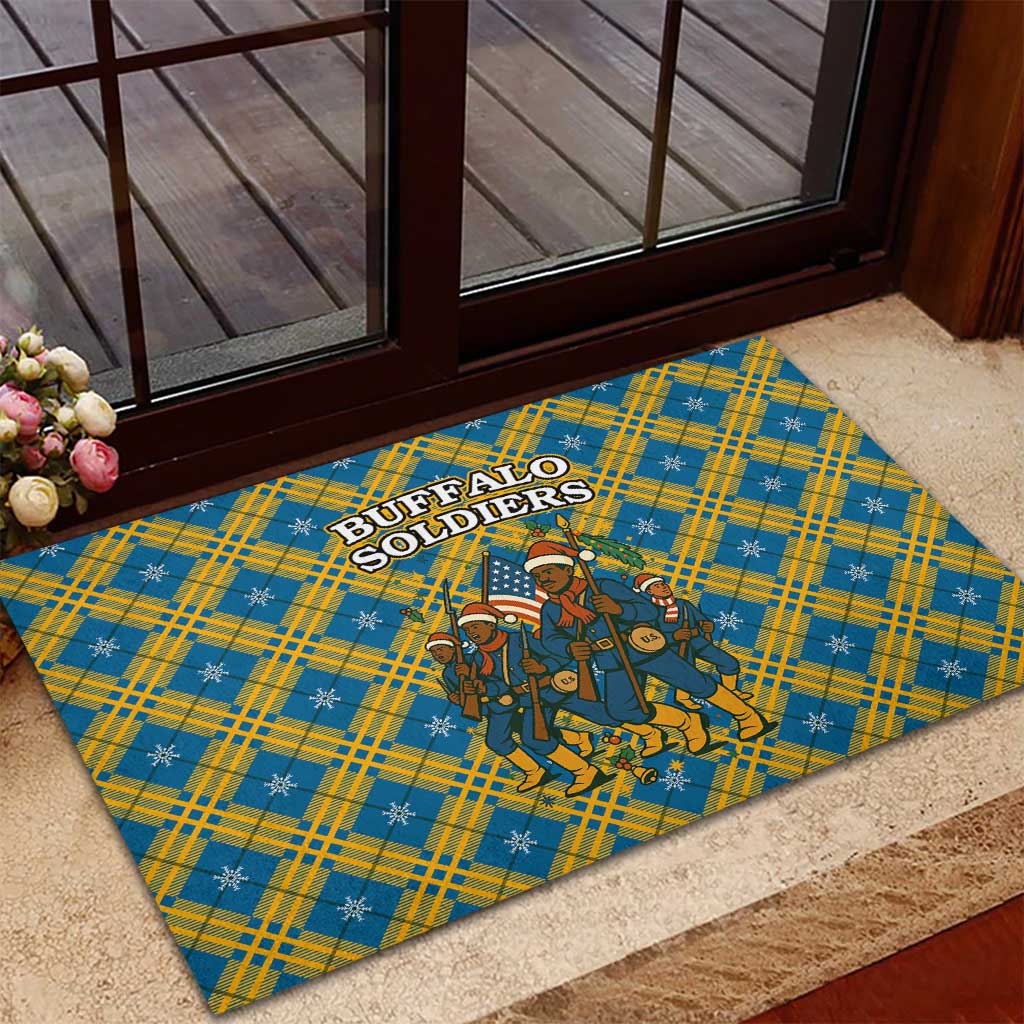 Buffalo Soldiers Christmas Rubber Doormat with Blue Yellow Plaid Parade Illustration Design - Wonder Print Shop
