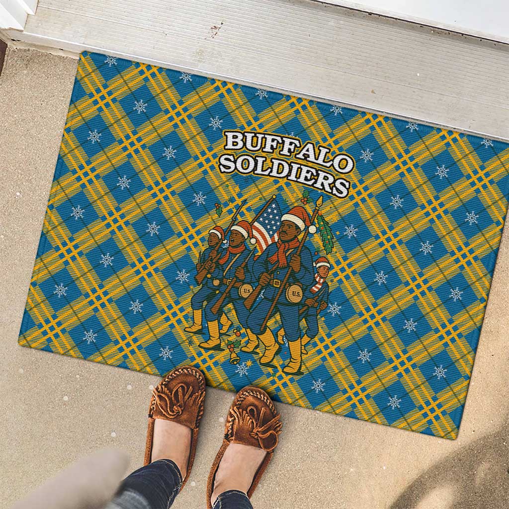 Buffalo Soldiers Christmas Rubber Doormat with Blue Yellow Plaid Parade Illustration Design - Wonder Print Shop