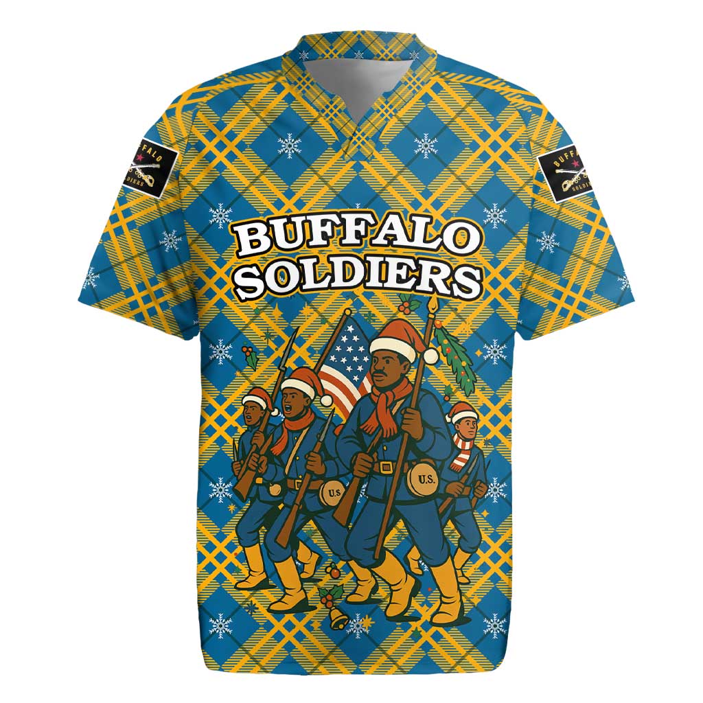 Buffalo Soldiers Christmas Rugby Jersey with Blue Yellow Plaid Parade Illustration Design - Wonder Print Shop