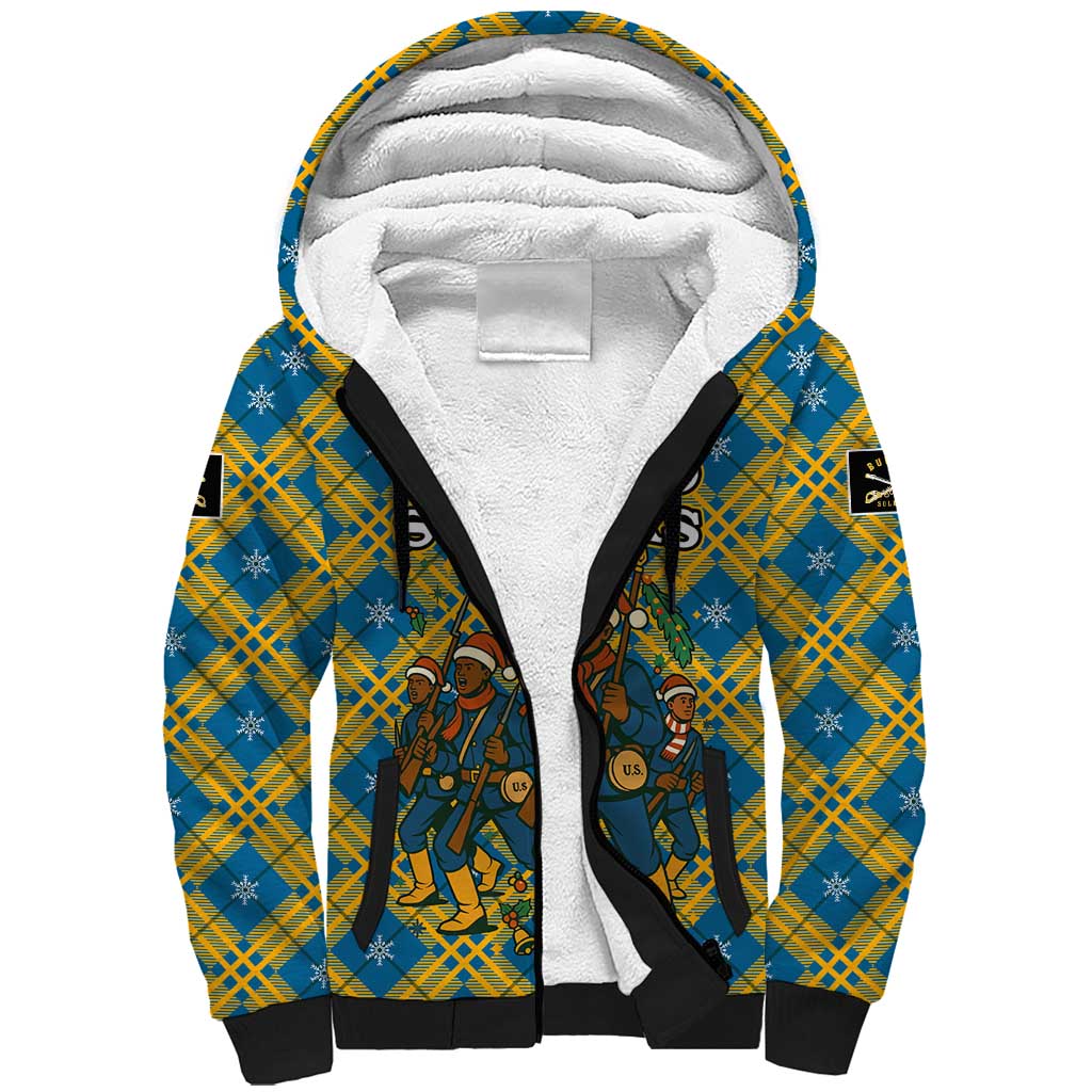Buffalo Soldiers Christmas Sherpa Hoodie with Blue Yellow Plaid Parade Illustration Design - Wonder Print Shop