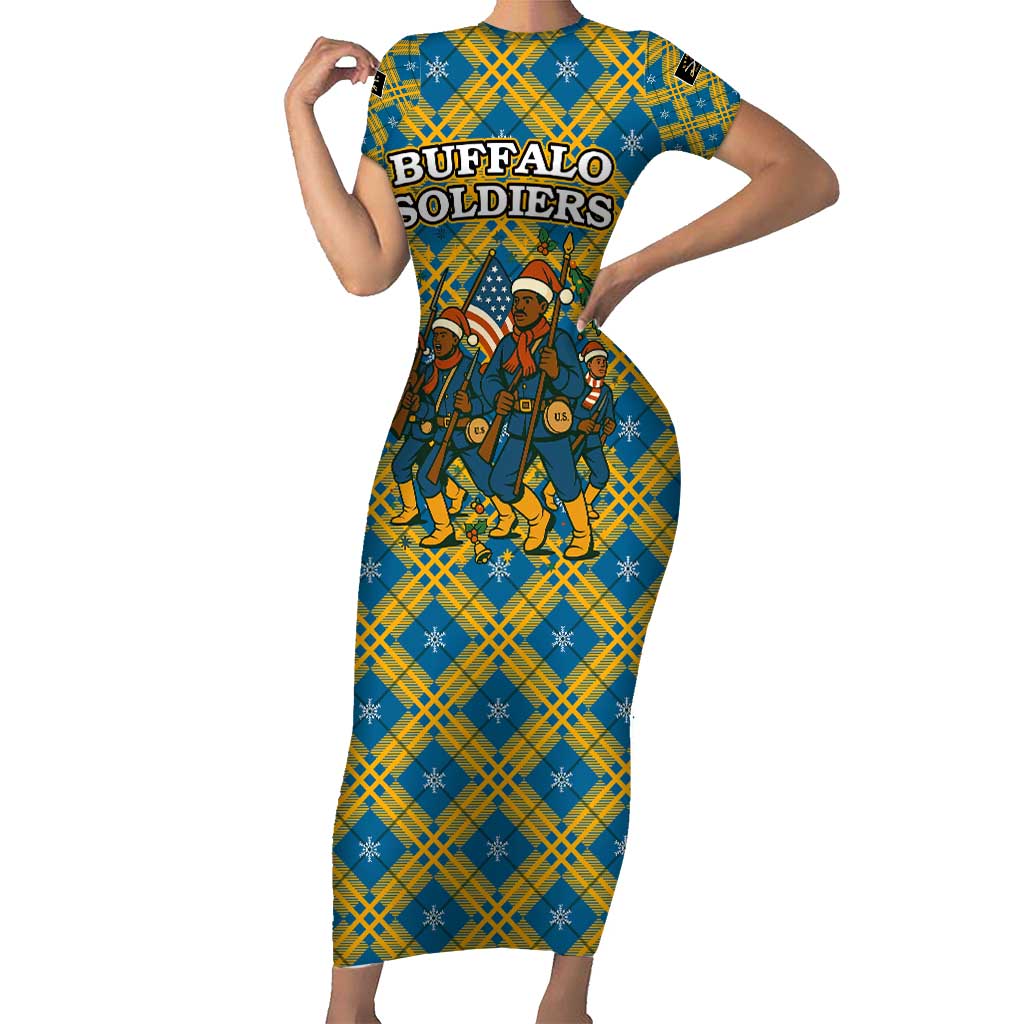 Buffalo Soldiers Christmas Short Sleeve Bodycon Dress with Blue Yellow Plaid Parade Illustration Design - Wonder Print Shop