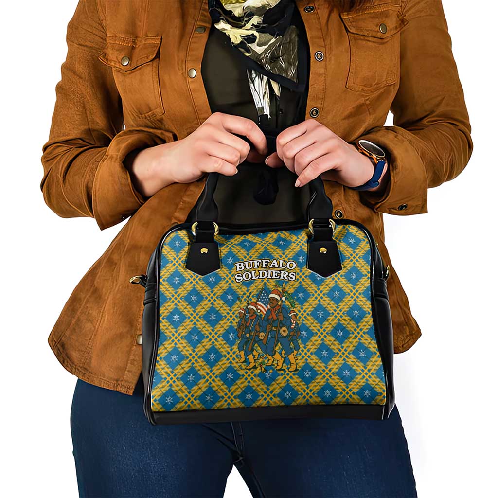 Buffalo Soldiers Christmas Shoulder Handbag with Blue Yellow Plaid Parade Illustration Design - Wonder Print Shop