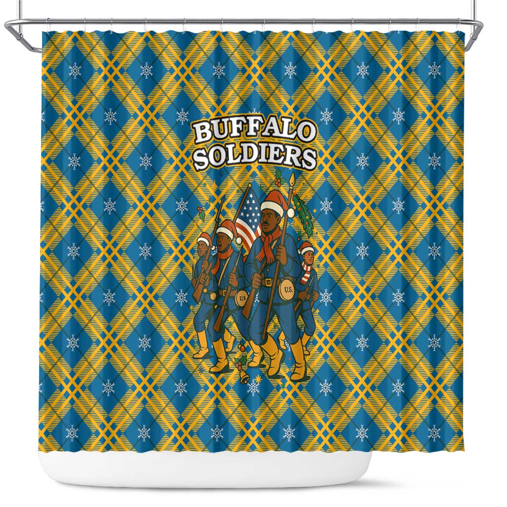 Buffalo Soldiers Christmas Shower Curtain with Blue Yellow Plaid Parade Illustration Design - Wonder Print Shop