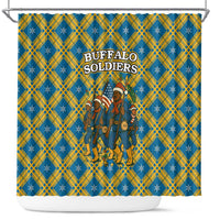 Buffalo Soldiers Christmas Shower Curtain with Blue Yellow Plaid Parade Illustration Design - Wonder Print Shop