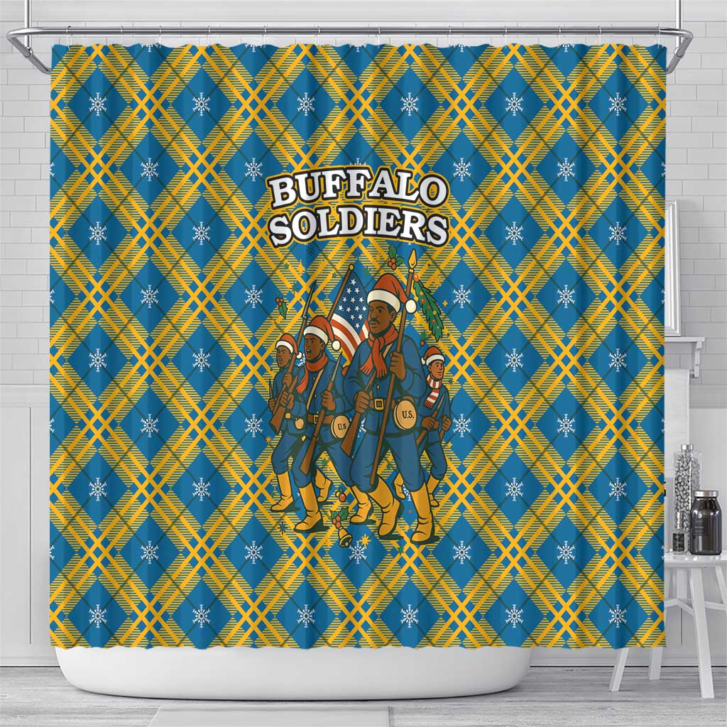 Buffalo Soldiers Christmas Shower Curtain with Blue Yellow Plaid Parade Illustration Design - Wonder Print Shop