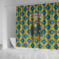 Buffalo Soldiers Christmas Shower Curtain with Blue Yellow Plaid Parade Illustration Design - Wonder Print Shop
