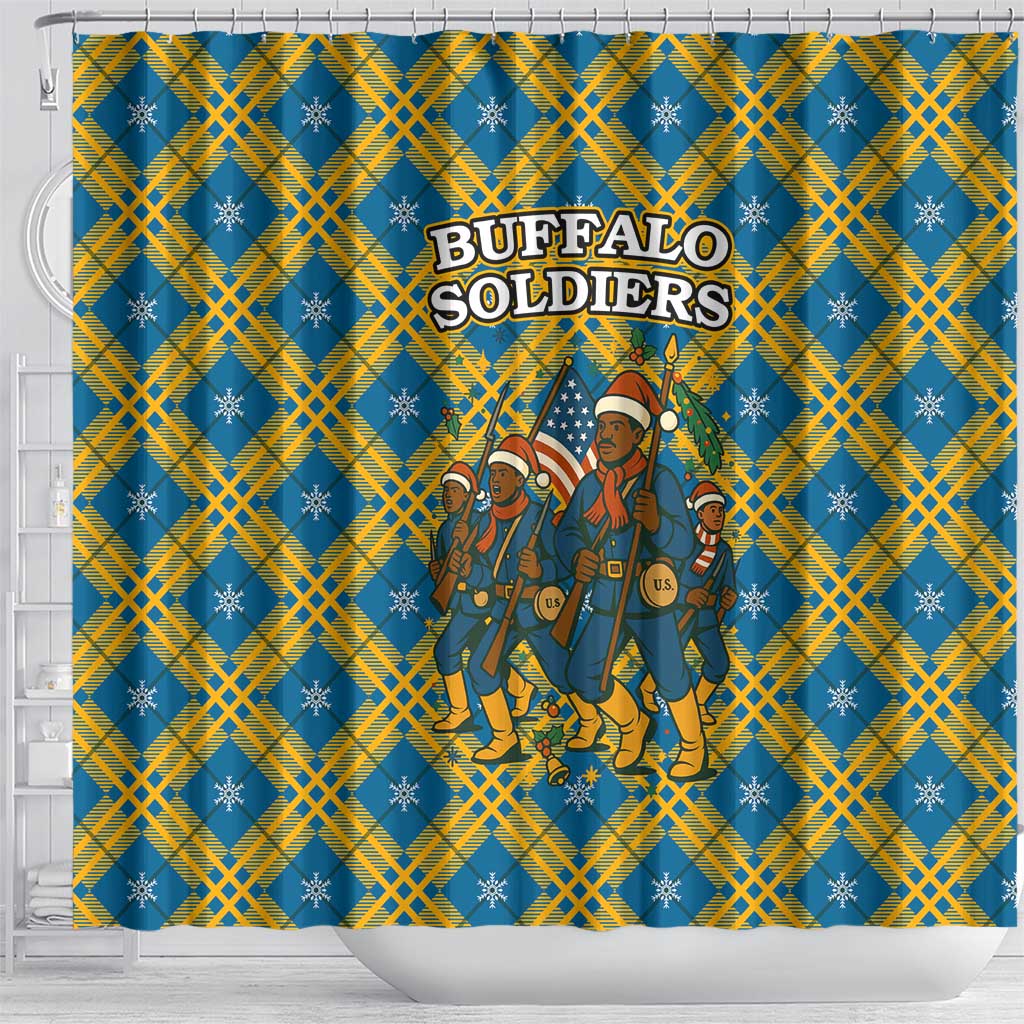 Buffalo Soldiers Christmas Shower Curtain with Blue Yellow Plaid Parade Illustration Design - Wonder Print Shop