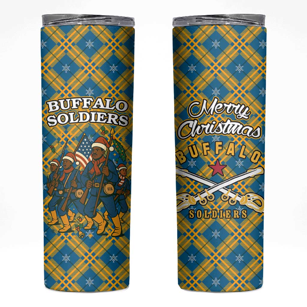 Buffalo Soldiers Christmas Skinny Tumbler with Blue Yellow Plaid Parade Illustration Design - Wonder Print Shop