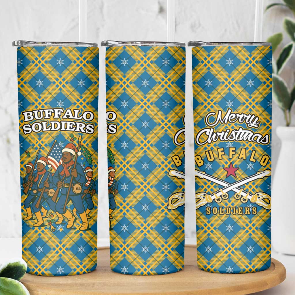 Buffalo Soldiers Christmas Skinny Tumbler with Blue Yellow Plaid Parade Illustration Design - Wonder Print Shop