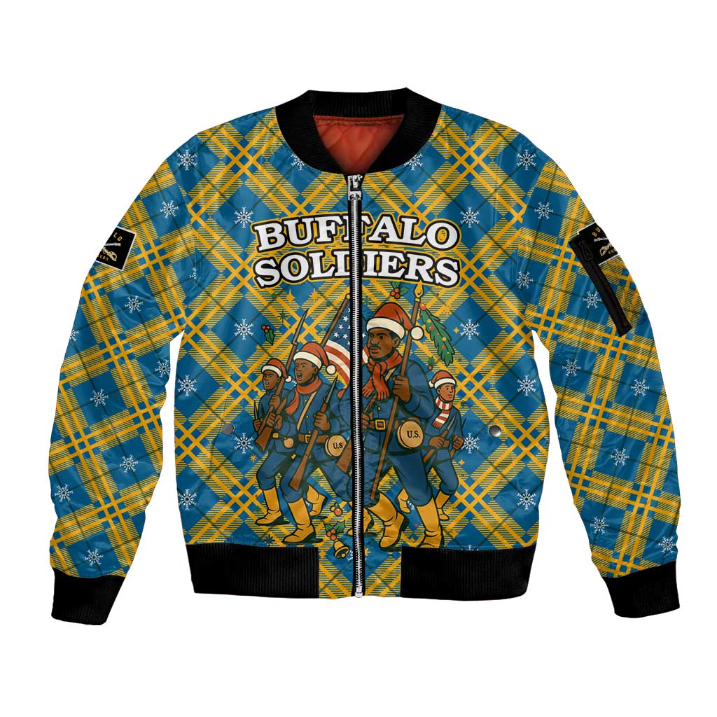 Buffalo Soldiers Christmas Sleeve Zip Bomber Jacket with Blue Yellow Plaid Parade Illustration Design - Wonder Print Shop