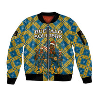 Buffalo Soldiers Christmas Sleeve Zip Bomber Jacket with Blue Yellow Plaid Parade Illustration Design - Wonder Print Shop