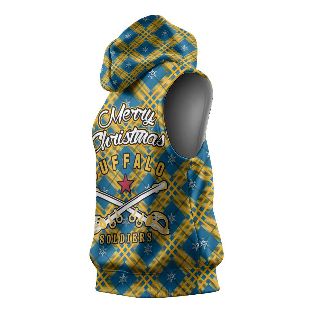 Buffalo Soldiers Christmas Sleeveless Hoodie with Blue Yellow Plaid Parade Illustration Design - Wonder Print Shop