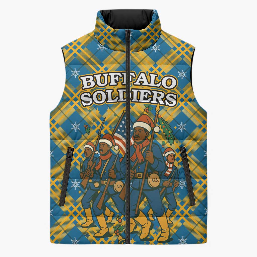 Buffalo Soldiers Christmas Sleeveless Puffer Jacket with Blue Yellow Plaid Parade Illustration Design - Wonder Print Shop