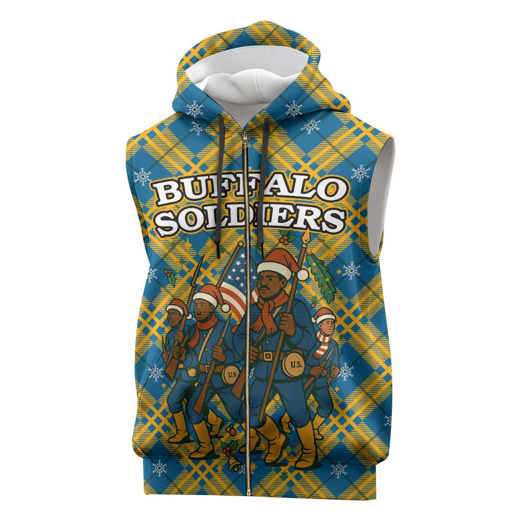 Buffalo Soldiers Christmas Sleeveless Zip Hoodie with Blue Yellow Plaid Parade Illustration Design - Wonder Print Shop