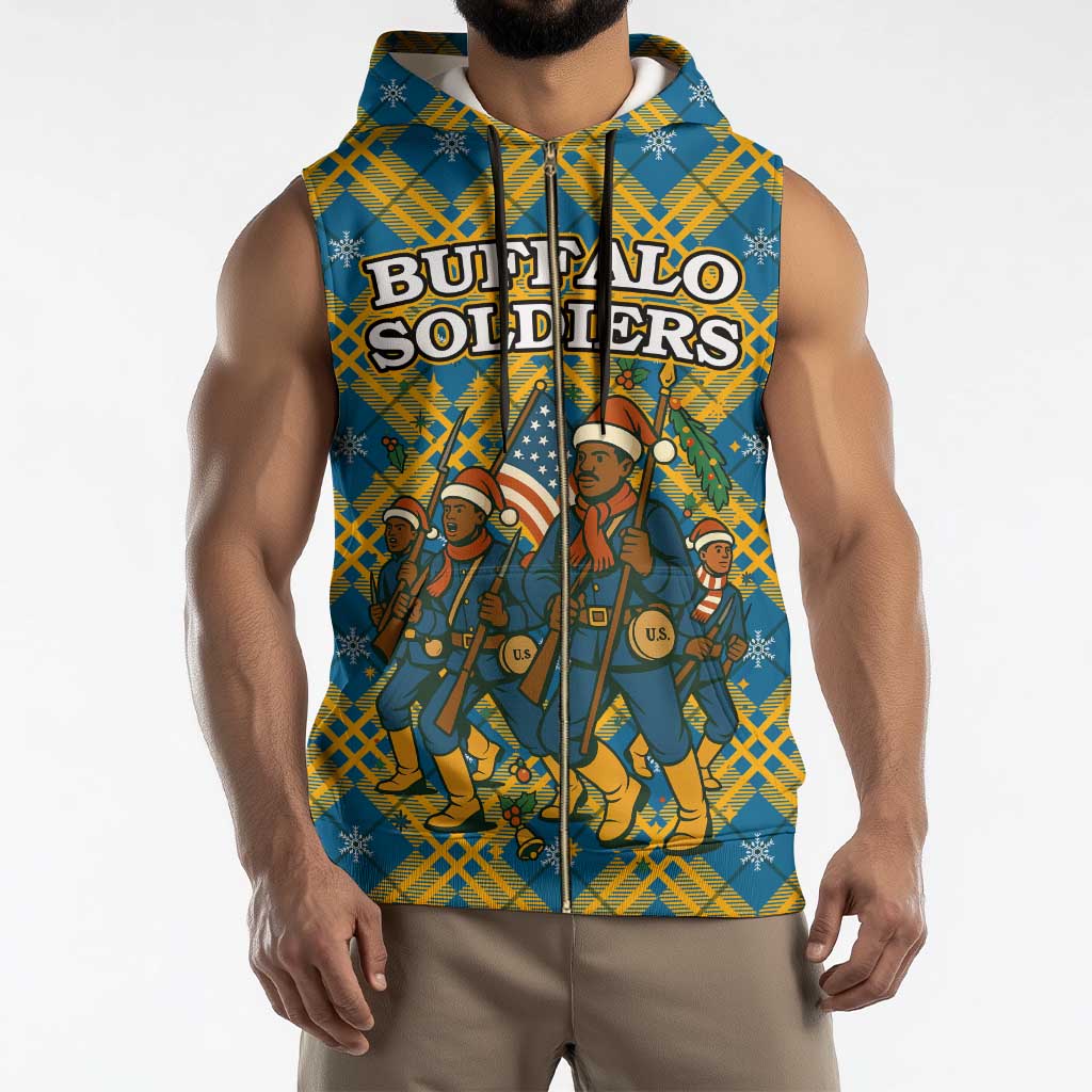 Buffalo Soldiers Christmas Sleeveless Zip Hoodie with Blue Yellow Plaid Parade Illustration Design - Wonder Print Shop