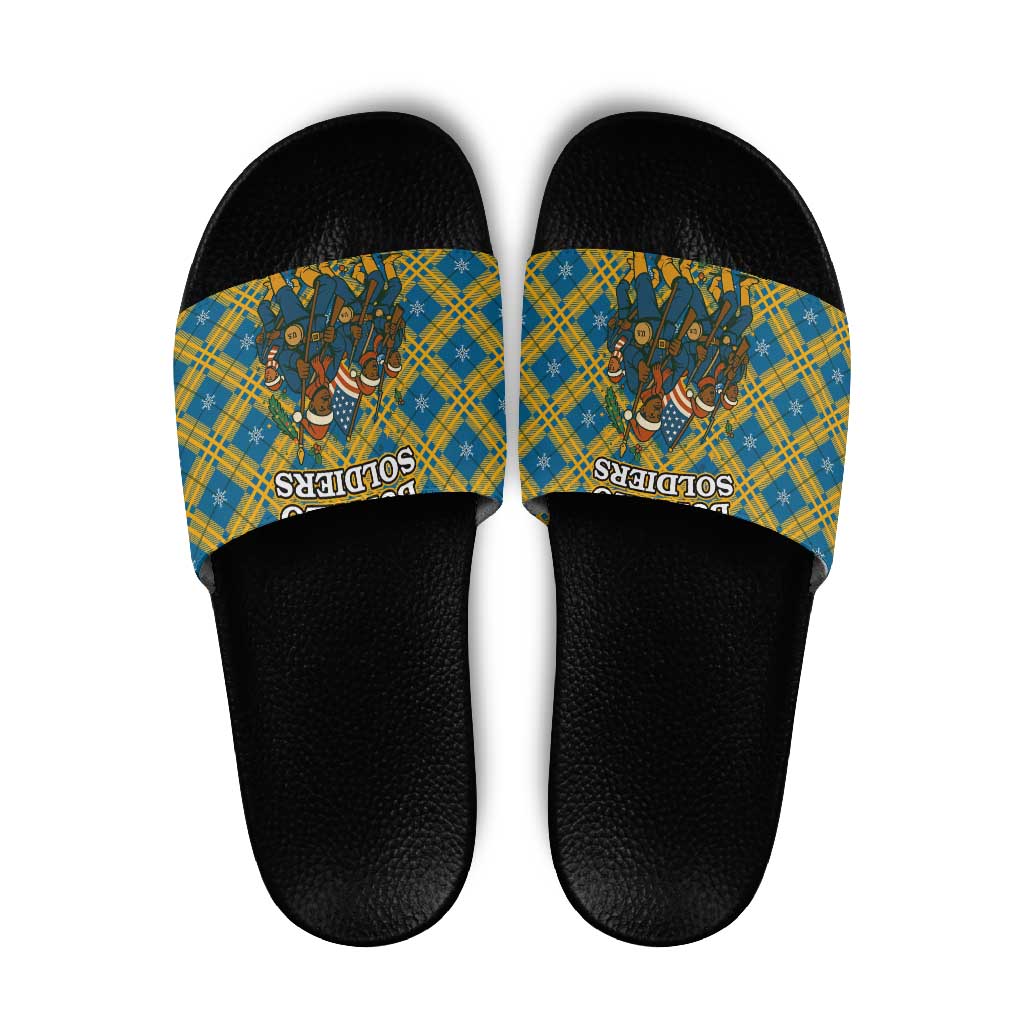 Buffalo Soldiers Christmas Slide Sandals with Blue Yellow Plaid Parade Illustration Design - Wonder Print Shop