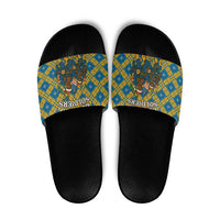 Buffalo Soldiers Christmas Slide Sandals with Blue Yellow Plaid Parade Illustration Design - Wonder Print Shop
