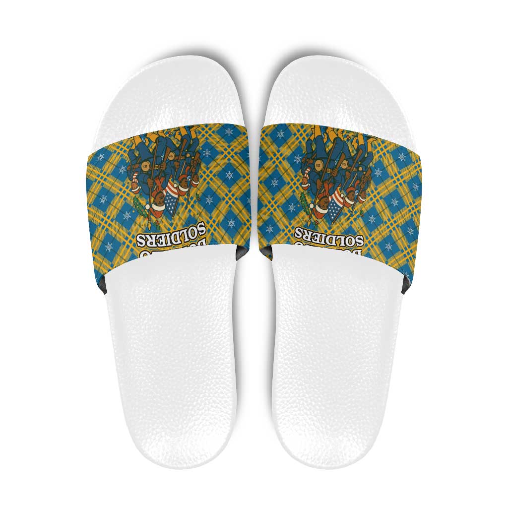 Buffalo Soldiers Christmas Slide Sandals with Blue Yellow Plaid Parade Illustration Design - Wonder Print Shop