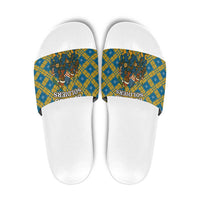 Buffalo Soldiers Christmas Slide Sandals with Blue Yellow Plaid Parade Illustration Design - Wonder Print Shop