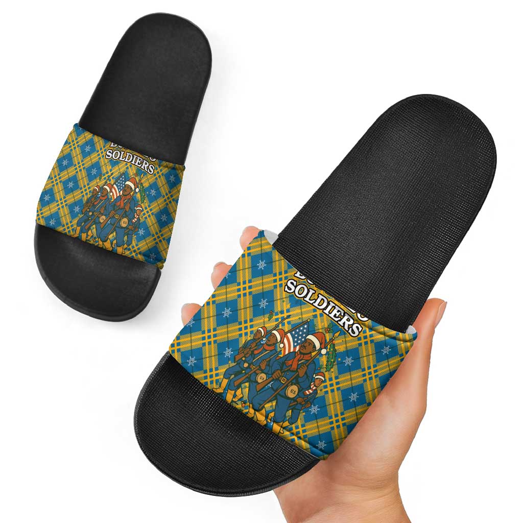 Buffalo Soldiers Christmas Slide Sandals with Blue Yellow Plaid Parade Illustration Design - Wonder Print Shop