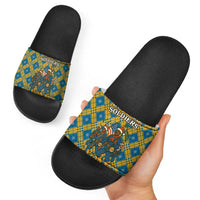Buffalo Soldiers Christmas Slide Sandals with Blue Yellow Plaid Parade Illustration Design - Wonder Print Shop