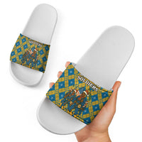 Buffalo Soldiers Christmas Slide Sandals with Blue Yellow Plaid Parade Illustration Design - Wonder Print Shop