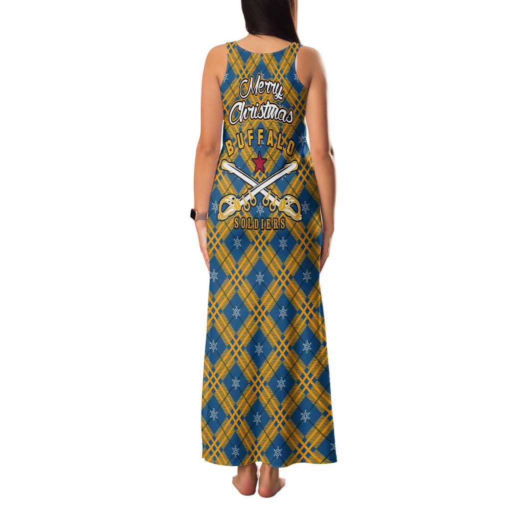 Buffalo Soldiers Christmas Tank Maxi Dress with Blue Yellow Plaid Parade Illustration Design - Wonder Print Shop